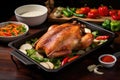 turkey on broiling pan with vegetables around it