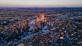 Turkey. Cappadocia. aerial View on rock-castle of Uchisar castle at a sunset Royalty Free Stock Photo