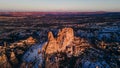 Turkey. Cappadocia. aerial View on rock-castle of Uchisar castle at a sunset Royalty Free Stock Photo