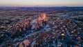 Turkey. Cappadocia. aerial View on rock-castle of Uchisar castle at a sunset Royalty Free Stock Photo