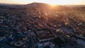 Turkey. Cappadocia. aerial View on rock-castle of Uchisar castle at a sunset Royalty Free Stock Photo