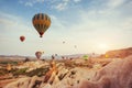 Turkey Cappadocia beautiful balloons flight stone landscape Royalty Free Stock Photo