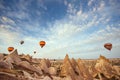 Turkey Cappadocia beautiful balloons flight stone landscape Royalty Free Stock Photo