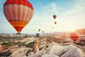 Turkey Cappadocia beautiful balloons flight stone landscape Royalty Free Stock Photo