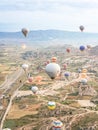 Turkey Cappadocia 14.06.2022 Launching process. Colored balloons in Cappadocia in mountains early morning at sunrise