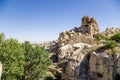 Turkey, Cappadocia. The ruins of the cave monastery in the rocks at the Open Air Museum of Goreme Royalty Free Stock Photo