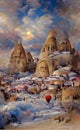 Turkey Cappadocia in winter, artwork sketch. Cappadocia houses inside the rocks, tourist place, illustration