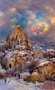 Turkey Cappadocia in winter, artwork sketch. Cappadocia houses inside the rocks, tourist place, illustration