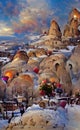 Turkey Cappadocia in winter, artwork sketch. Cappadocia houses inside the rocks, tourist place, illustration