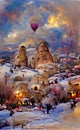 Turkey Cappadocia in winter, artwork sketch. Cappadocia houses inside the rocks, tourist place, illustration