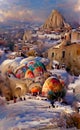 Turkey Cappadocia in winter, artwork sketch. Cappadocia houses inside the rocks, tourist place, illustration