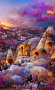 Turkey Cappadocia in winter, artwork sketch. Cappadocia houses inside the rocks, tourist place, illustration