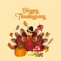 Turkey cartoon with autumn elements. thanksgiving card