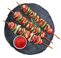 Turkey or chicken kebab with sauce. Watercolor illustration