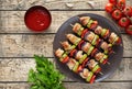 Turkey or chicken meat skewers kebab grilled food with onion