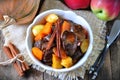 Turkey (chicken) stewed liver in a dry white wine with pumpkin, apple and cinnamon sticks