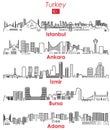 Turkey cities outline skylines vector set