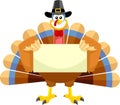 Smiling Turkey Cartoon Character With Pilgrim Hat Holding A Blank Sign Royalty Free Stock Photo