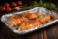 turkey cutlets coated in spicy marinade resting on aluminum foil