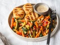 Turkey cutlets grill, sauce and vegetables steer fry on plate on the table Royalty Free Stock Photo