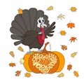 Turkey dancing on orange pumpkin, lettering Grateful Thanksful Blessed falling leaves cartoons art
