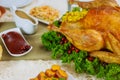 Turkey, decorated with kale and cranberry for Thanksgiving or Christmas dinner Royalty Free Stock Photo