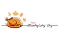 Turkey dinner Thanksgiving Day line art background. Simple vector web banner. One continuous line drawing with lettering