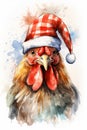 Turkey domestic animal in christmas santa claus hat watercolor art. Christmas Turkey illustration for children book.