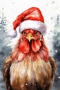 Turkey domestic animal with santa claus hat watercolor illustration. Christmas Turkey illustration for children book.