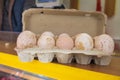 Turkey eggs put in a box. Organic fresh eggs. Homemakers' Market. Farmers' produce for sale