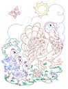 Line art of the big turkey with three tyrkey chickens Royalty Free Stock Photo