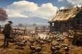 Turkey farmer feeding a flock of turkeys in an