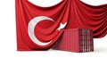 Turkey flag draped over a commercial trade shipping container. 3D Rendering