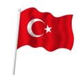 Turkey flag on flagpole waving in wind. Vector isolated illustration of Turkish flag white crescent half moon and star Royalty Free Stock Photo