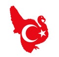 Turkey flag over turkey bird vector silhouette illustration isolated on white background. Royalty Free Stock Photo