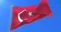 Turkey flag waving at wind in slow in blue sky, loop