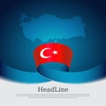 Turkey flag with wavy ribbon on a blue white background. Background with flag of turkey, mosaic map. Turkish national poster