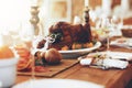 Turkey, food and thanksgiving table for traditional celebration with no people, setup and luxury meal. Chicken, event Royalty Free Stock Photo