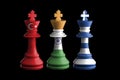 turkey, greece and india flags paint over on chess king. 3D illustration