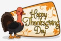 Turkey with a Greeting Sign with Autumnal Leaves for Thanksgiving, Vector Illustration