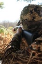 Turkey Hunter With Shotgun Sitting In Hunt Blind Royalty Free Stock Photo