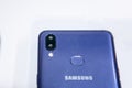 Close-up of the back cover or rear view of the new modern Samsung smartphone