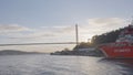 Turkey, Istanbul-December, 2020: Ship off coast of sea city. Action. Steamboat sails near shore of Istanbul on Royalty Free Stock Photo