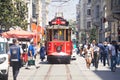 Turkey, Istanbul - June 2020 Red famous vintage tram Taksim square in Istanbul