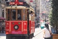 Turkey, Istanbul - June 2020 Red famous vintage tram Taksim square in Istanbul