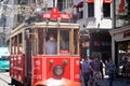 Turkey, Istanbul - June 2020 Red famous vintage tram Taksim square in Istanbul