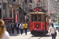 Turkey, Istanbul - June 2020 Red famous vintage tram Taksim square in Istanbul