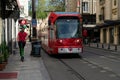 TURKEY, ISTANBUL - may, 2020. Red Tram tramway passing street in Sultanahmet empty during quarantine, Istanbul, Turkey