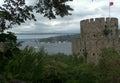 Turkey, Istanbul, Rumeli Hisari castle, view of the Halil Pasha Tower and the Fatih Sultan Mehmet Bridge Royalty Free Stock Photo