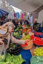 Turkey, Istanbul 11/19/2019 View of an elderly lady with a headscarf who was paying for her freshly bought fruit at a fruit and ve